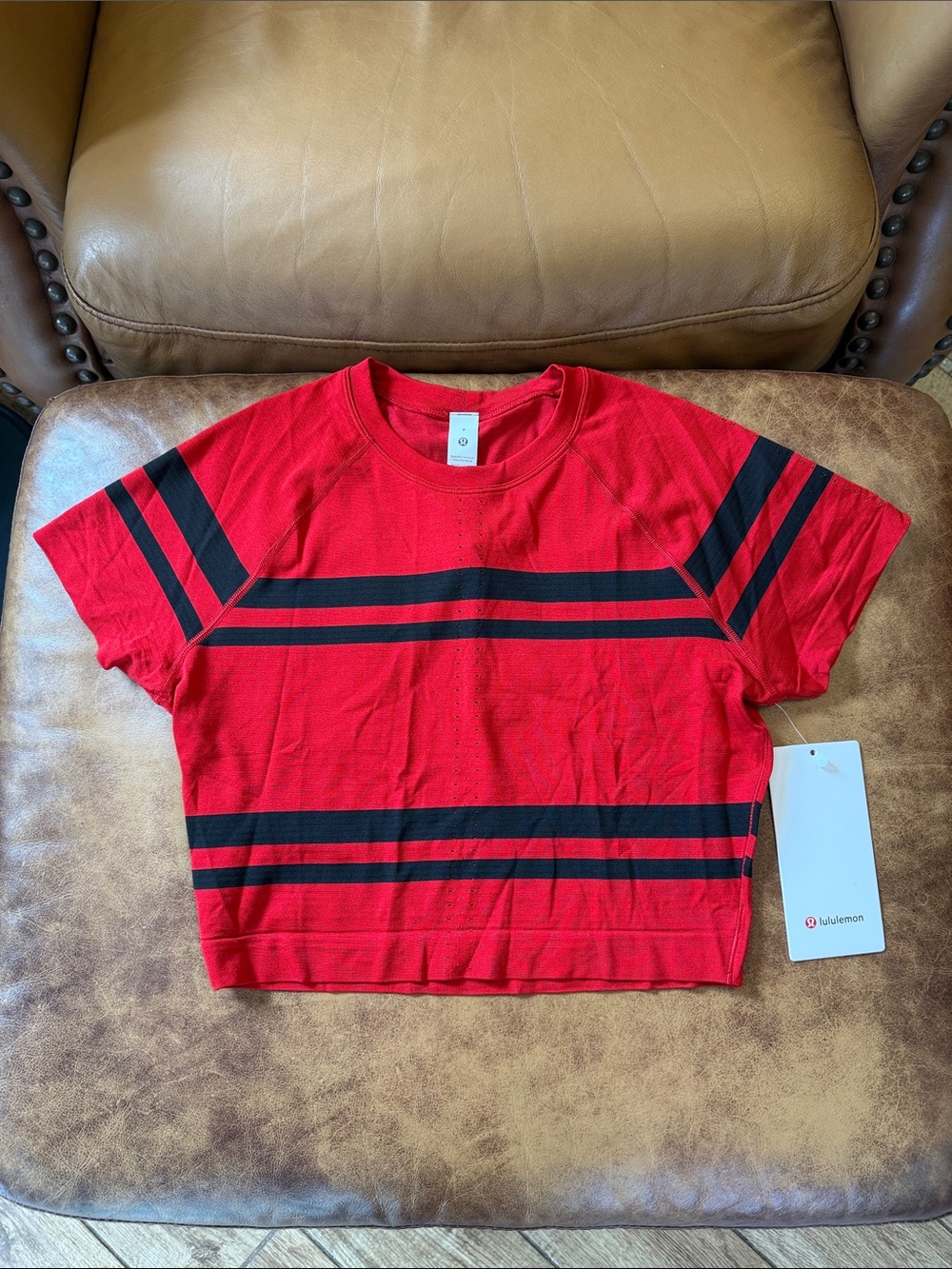 NWT Lululemon Swiftly Tech Cropped Short Sleeve 2.0 8 League Stripe Oxford Red